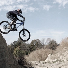 rocks, Sky, trees, viewes, Bike