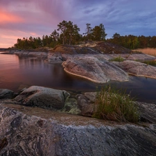rocks, Karelia, viewes, Lake Ladoga, Russia, trees, Great Sunsets
