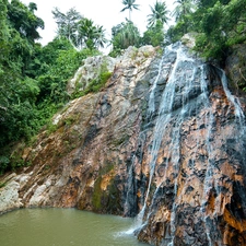 trees, waterfall, rocks, viewes