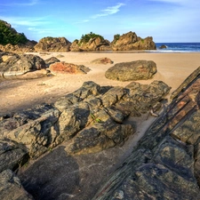 Sand, water, trees, Beaches, sea, rocks, viewes