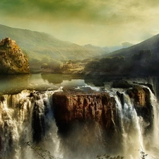 rocks, Mountains, waterfall