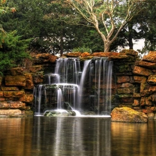 waterfall, viewes, rocks, trees