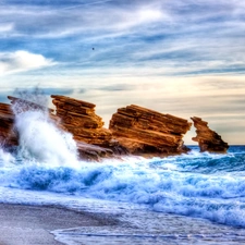 Waves, Beaches, rocks, sea