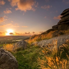 west, field, rocks, sun