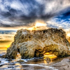 west, sea, rocks, sun