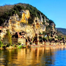 La Roque Gageac, France, rocks, Houses, River