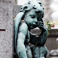 cemetery, angel, rose, statuette