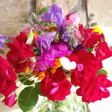 bouquet, peas, roses, flowers