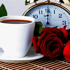 alarm clock, Red, roses, cup