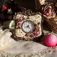 basket, Clock, Napkins, composition, roses, Candles