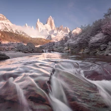 Fitz Roy Mountain, River, trees, Patagonia, viewes, Mountains, rocks, Argentina, Los Glaciares National Park, Andes Mountains