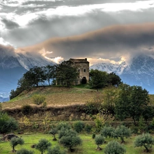 ruin, Hill, clouds