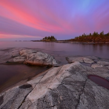 rocks, lake, Karelia, Russia, clouds, Ladoga