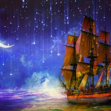 fantasy, star, sailing vessel, Night