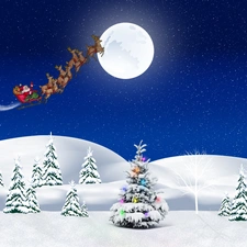 Santa, sleigh, birth, moon, God, christmas tree, Mountains, winter