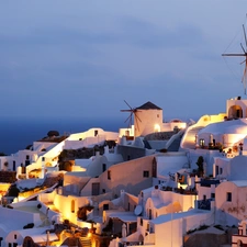 santorini, Greece, Houses, Night, Windmills