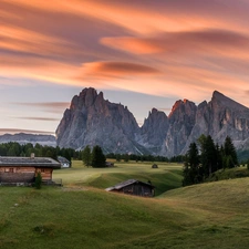 Dolomites, Italy, viewes, Great Sunsets, trees, Val Gardena Valley, Sassolungo Mountains, Houses
