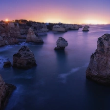 sea, rocks, Algarve Region, light, Coast, Atlantic Ocean, Portugal