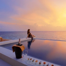 Hotel hall, Pool, west, Champagne, Women, sea, sun