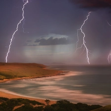 sea, lightning, Coast