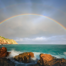 Waves, Great Rainbows, sea, rocks, Coast