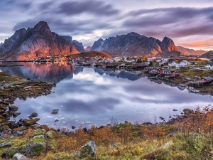 Moskenesoya Island, Reine Village, Mountains, Norwegian Sea, Houses, Lofoten, Norway, Stones