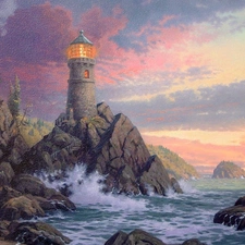 Lighthouse, rocks, sea, maritime