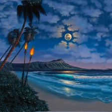 sea, moon, Palms, Torch, Beaches