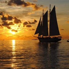 sea, sailing vessel, sun, clouds, west