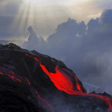volcano, smoke, sea, Lava