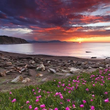 west, clouds, sea, sun