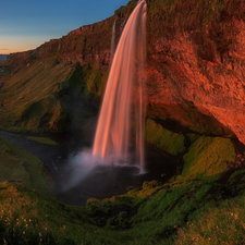 Seljalandsfoss Waterfall, Mountains, Great Sunsets, iceland, Seljalandsfoss River, rocks