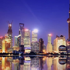 Shanghai, night, clouds, panorama, skyscrapers