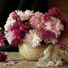 basket, chrysanthemums, shawl, bouquet