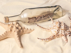 starfish, shell, Bottle, letter, Sand
