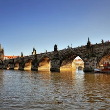 Ship, cruise, River, ducks, bridge