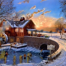 winter, Watermill, Skates, bridge