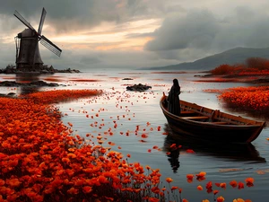 girl, lake, Windmill, Sky, papavers, Boat