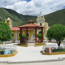 viewes, Church, Sky, clouds, Mountains, trees