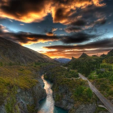 Sky, clouds, River, Way, Mountains