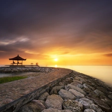 Sun, sea, Sky, clouds, pier, west