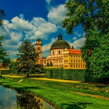 viewes, palace, Sky, clouds, River, trees