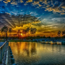 west, lake, Sky, clouds, Sun, pier