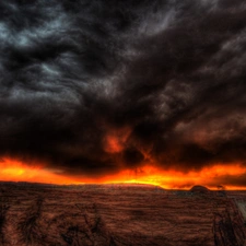 Field, burning, Sky, dark