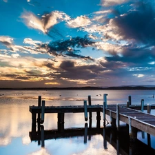 lake, clouds, Sky, pier