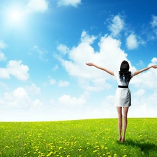 Meadow, Flowers, Sky, girl