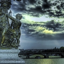 Statue monument, bridge, Sky, River