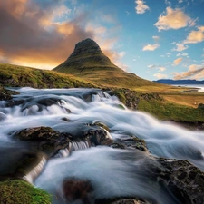 Sky, cascade, mountains