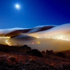 Mountains, Fog, Sky, roads