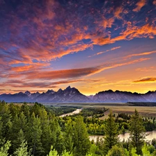 Mountains, forest, Sky, River